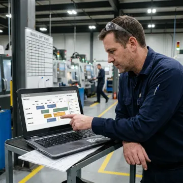 Production planner reviewing shop floor schedule