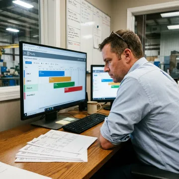Planner reviewing production schedule on screen
