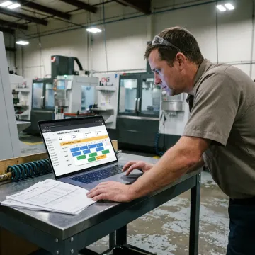 Planner reviewing machine shop scheduling software