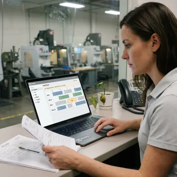 Planner reviewing production schedule software