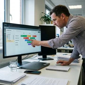Planner reviewing garment production schedule dashboard