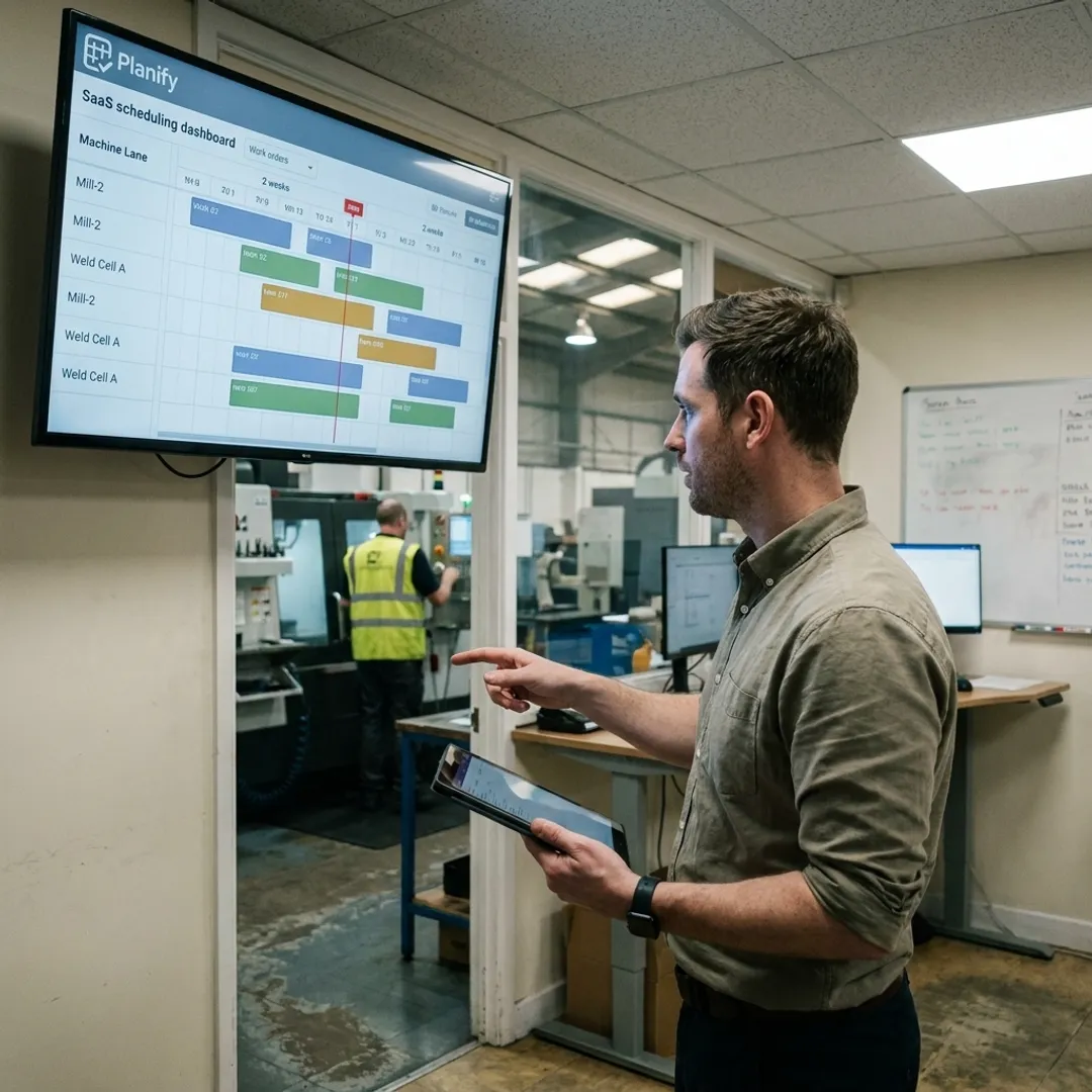 Planner reviewing a visual production schedule