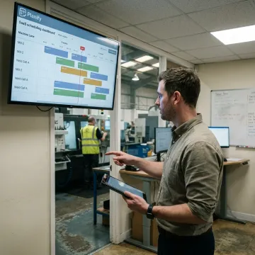 Planner reviewing a visual production schedule