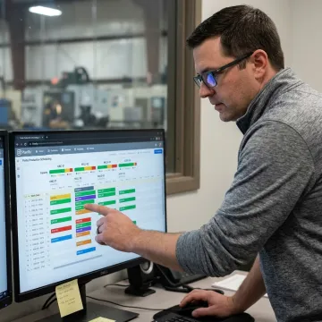 Planner reviewing a visual production schedule
