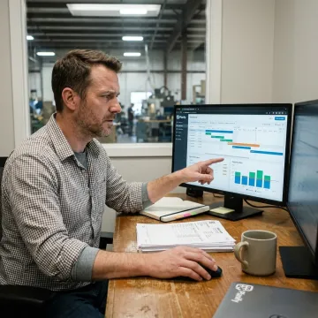 Lean manufacturing consultant reviewing a production schedule
