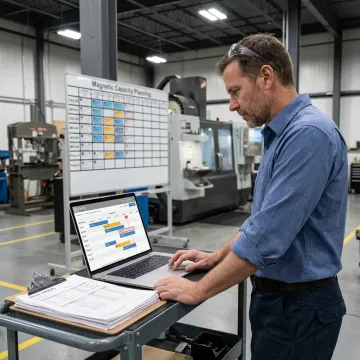Production planning consultant reviewing a manufacturing schedule