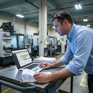 Manufacturing planner reviewing production scheduling software