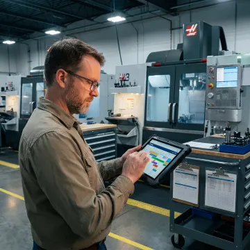 Manufacturing planner reviewing tool changeover scheduling software