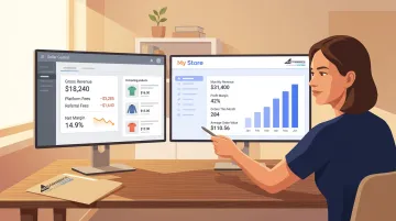 Entrepreneur reviewing online store analytics transitioning from marketplace to branded storefront