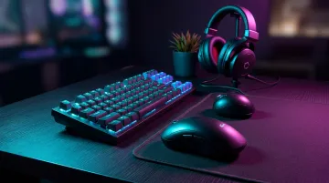 Gaming peripherals setup with mechanical keyboard mouse and headset on desk