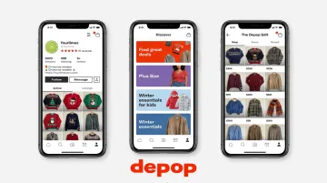 Depop seller app interface showing active listings search results and product photos
