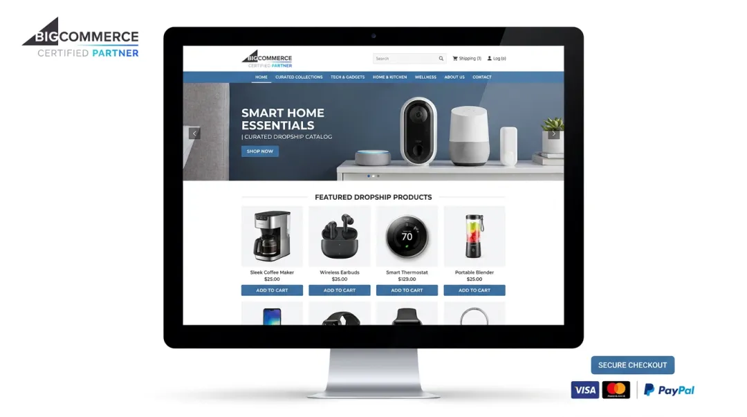 MBV branded storefront dashboard displaying dropship product catalog and checkout