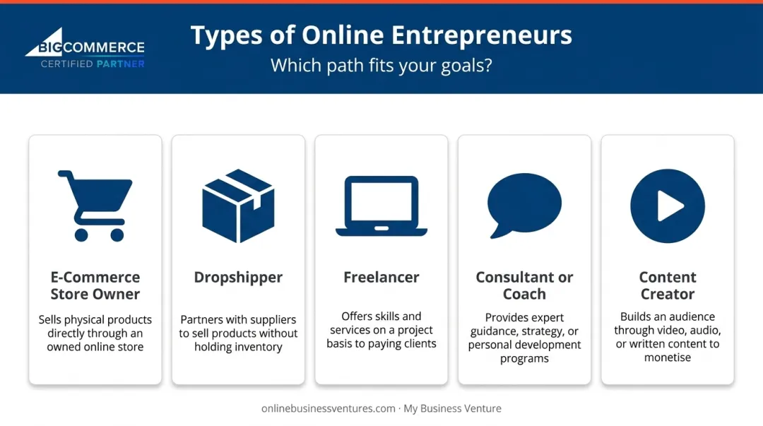 Five types of online entrepreneurs business models comparison infographic