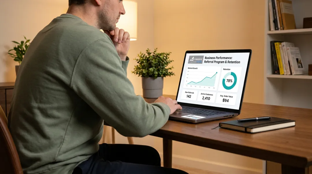 Small business owner reviewing customer retention and referral program analytics on laptop