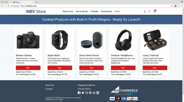 MBV branded dropshipping storefront interface showing built-in product margins