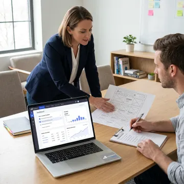 Consultant guiding entrepreneur through online store launch steps