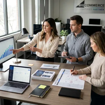 Ecommerce advertising agency team planning online store marketing