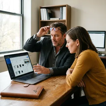 Consultant guiding an entrepreneur through an e-commerce store launch
