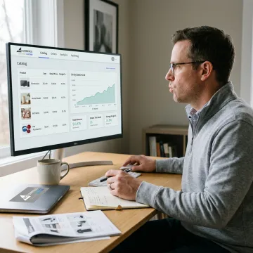 Entrepreneur reviewing dropshipping products on an e-commerce dashboard