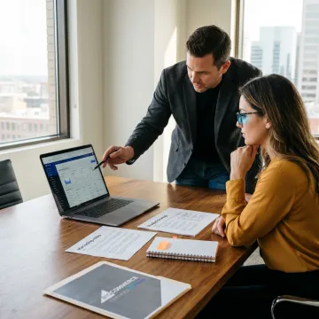 Consultant reviewing e-commerce marketing strategy with business owner