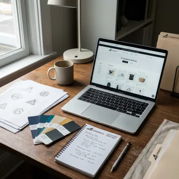 Designer reviewing brand identity assets on a laptop