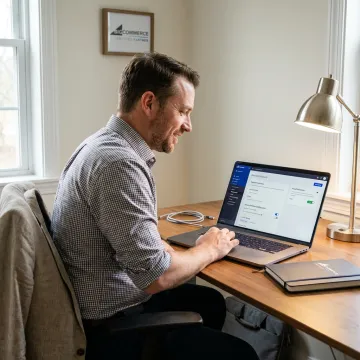 Consultant configuring secure e-commerce checkout on laptop