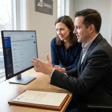 Consultant helping business owner set up merchant account processing