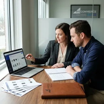 Consultant guiding entrepreneur through e-commerce store setup