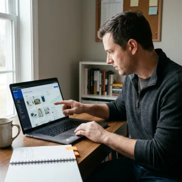 Entrepreneur reviewing a BigCommerce store on a laptop