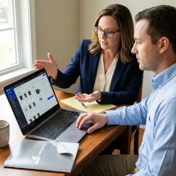 Consultant guiding an entrepreneur through e-commerce launch steps