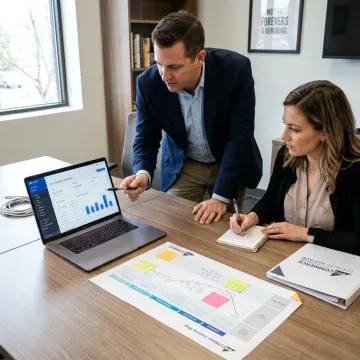 Business coach guiding entrepreneur through customer journey planning