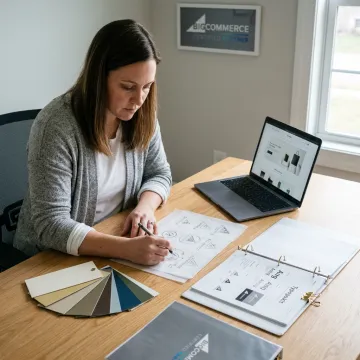 Designer reviewing logo concepts for an online store brand kit