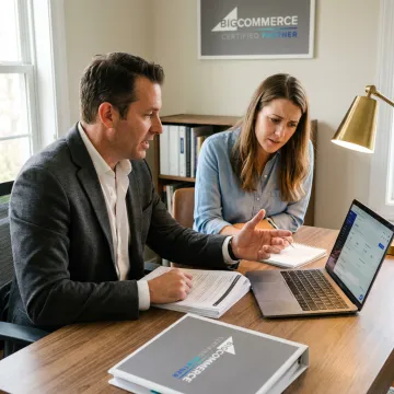 Business coach guiding entrepreneur through sales training