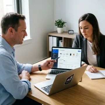 Consultant guiding an entrepreneur through e-commerce store setup
