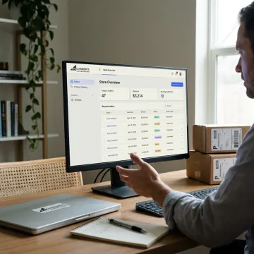 Branded dropshipping fulfillment dashboard and shipping boxes