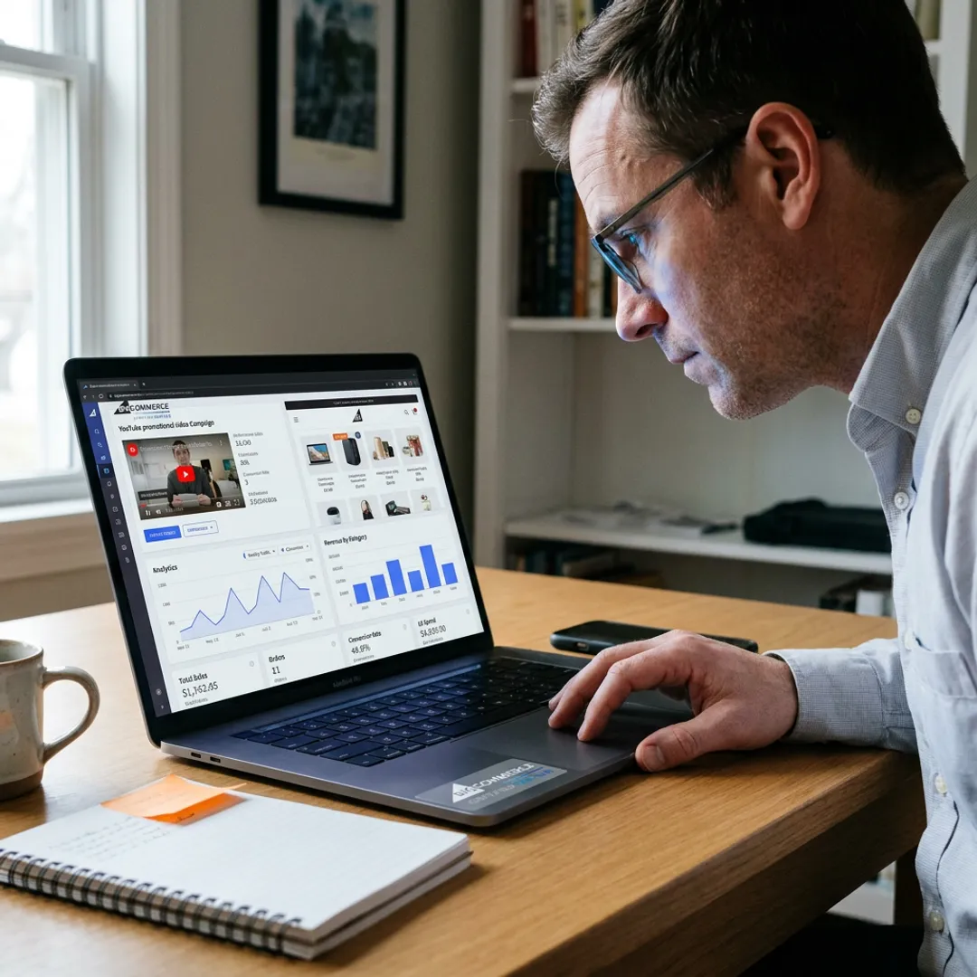 Entrepreneur reviewing YouTube marketing video campaign