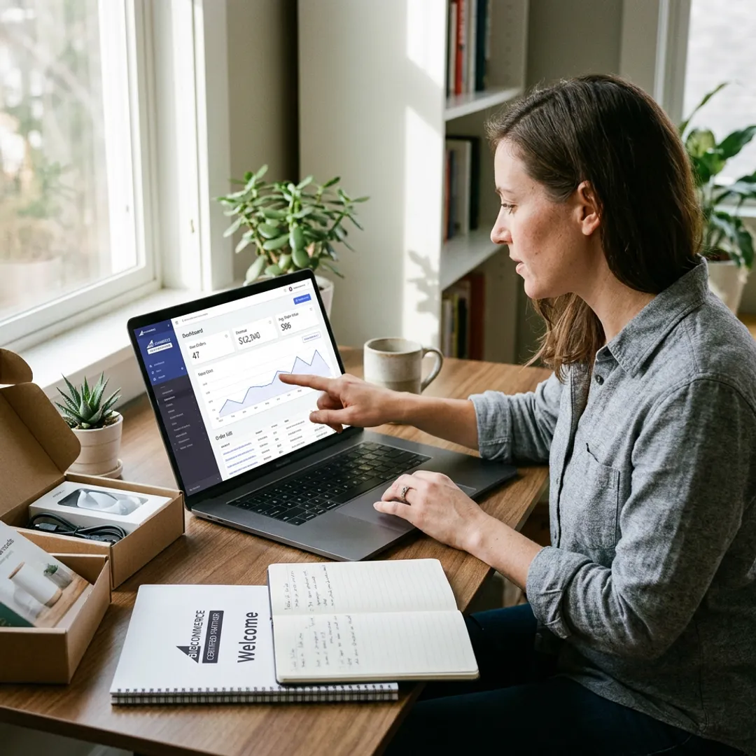 Home-based e-commerce business owner using laptop