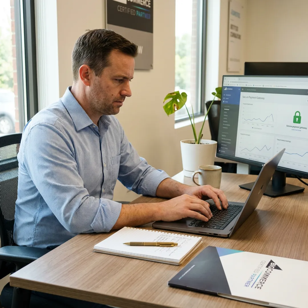 Consultant setting up secure online payment gateway