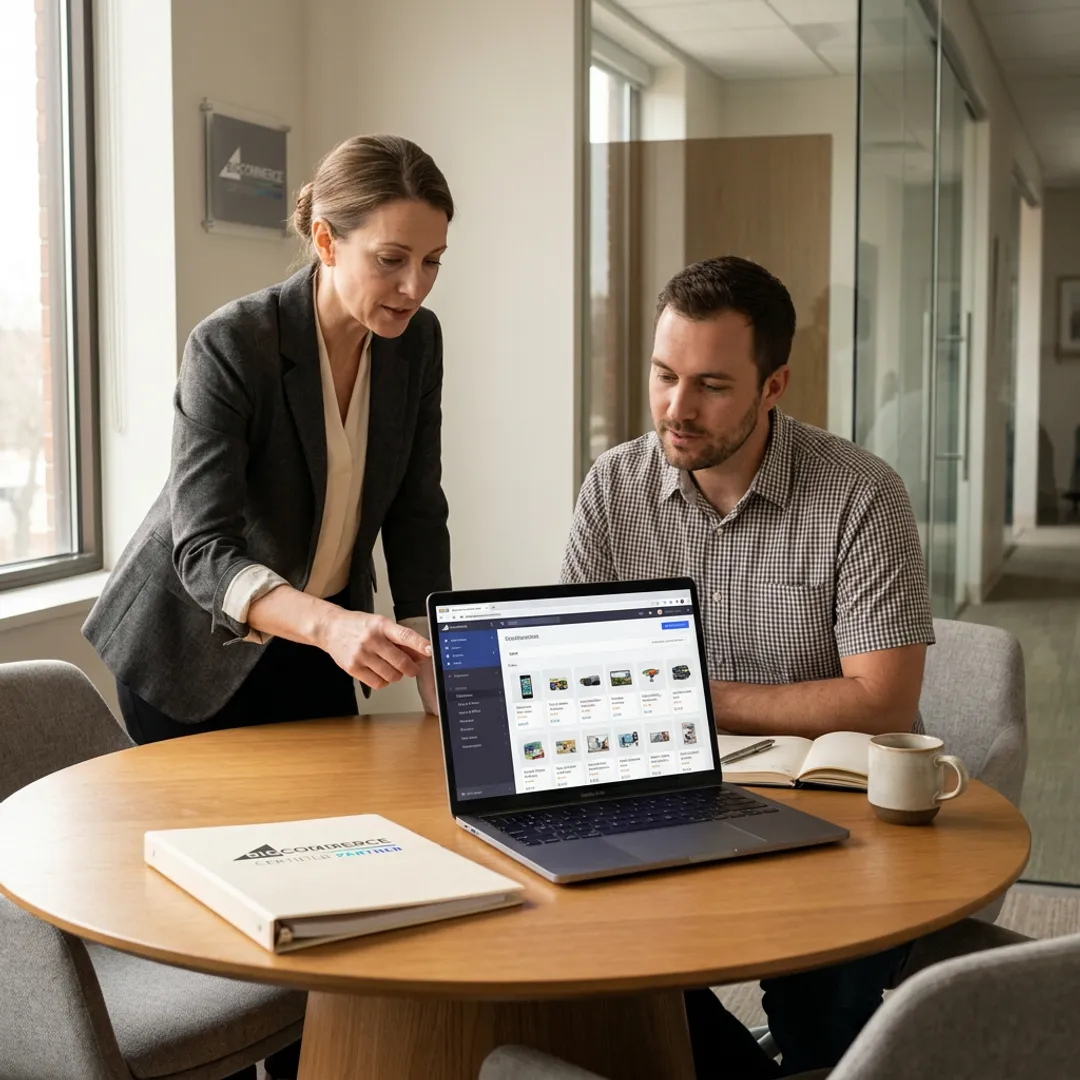 Consultant helping entrepreneur launch an e-commerce website