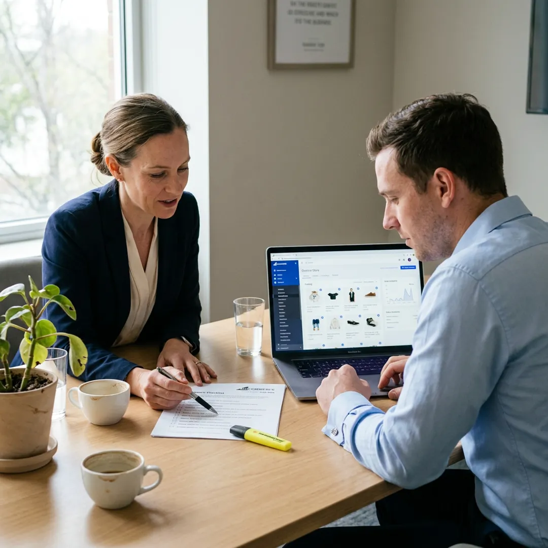 Consultant guiding an entrepreneur through an e-commerce launch plan