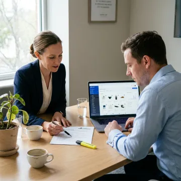Consultant guiding an entrepreneur through an e-commerce launch plan