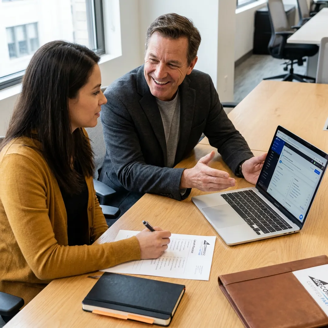 Consultant guiding entrepreneur through e-commerce website launch