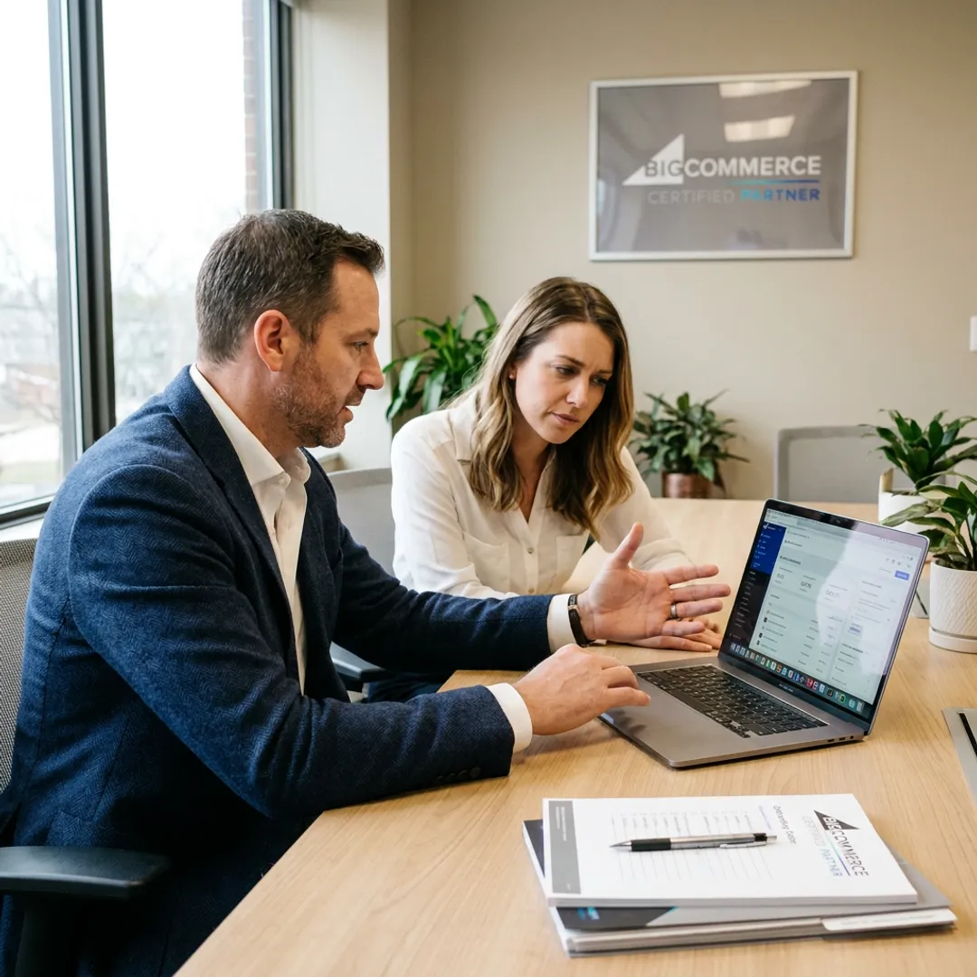 Consultant helping entrepreneur launch an e-commerce website