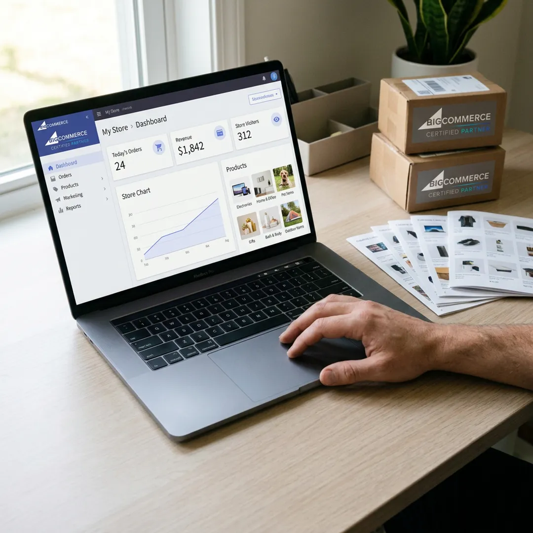 Turn-key dropshipping business dashboard with shipping boxes