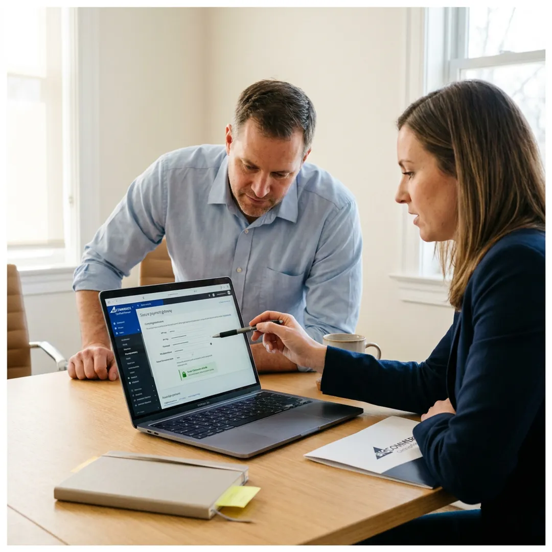 Consultant helping business owner set up online card processing
