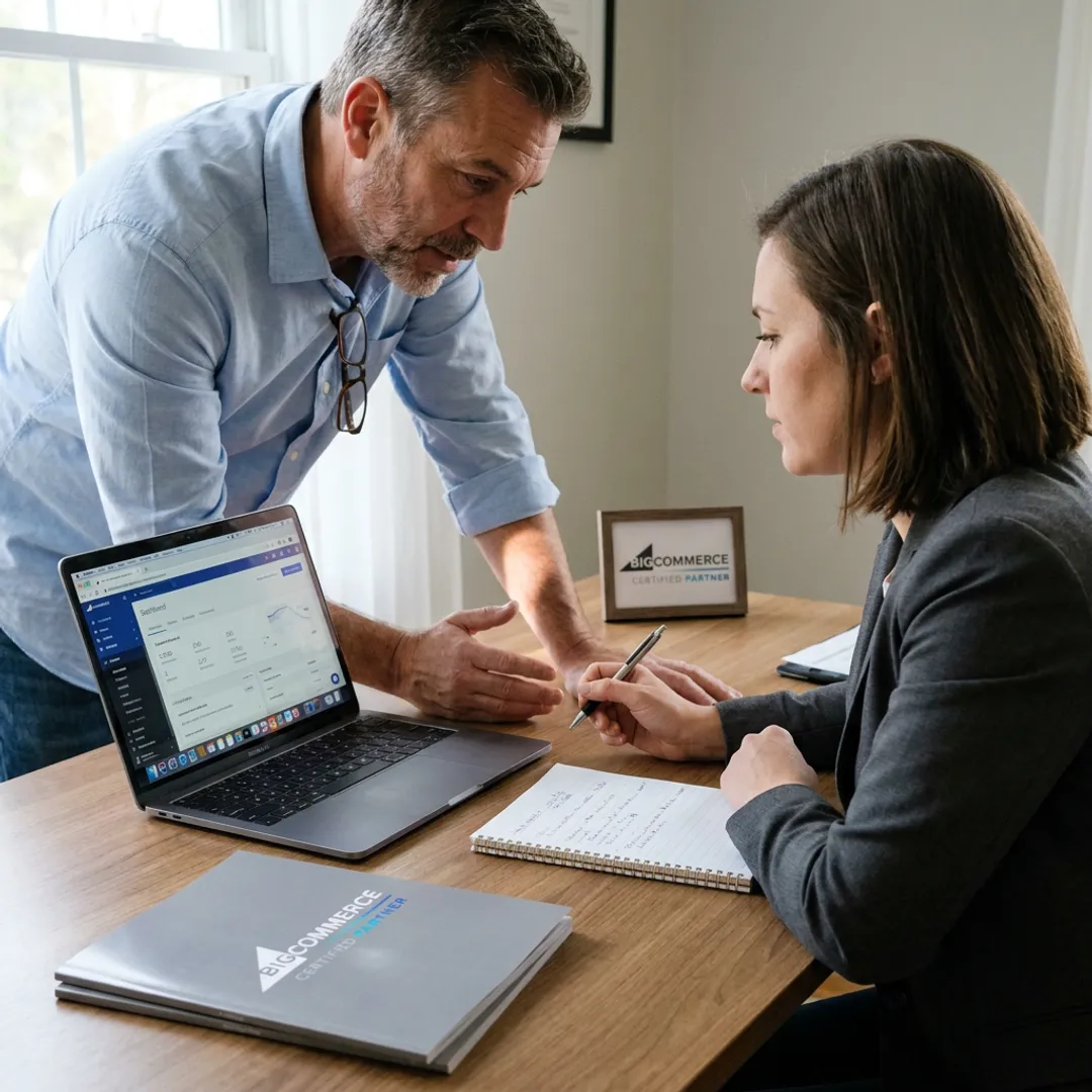 E-commerce coach mentoring entrepreneur at laptop
