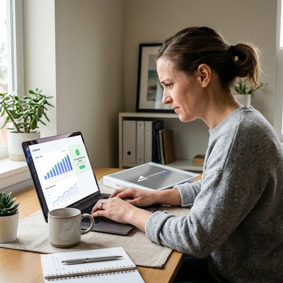 E-commerce owner reviewing SEO analytics