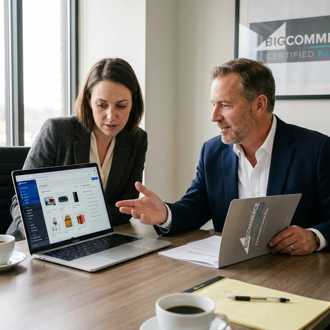 Consultant guiding an entrepreneur through online store launch steps
