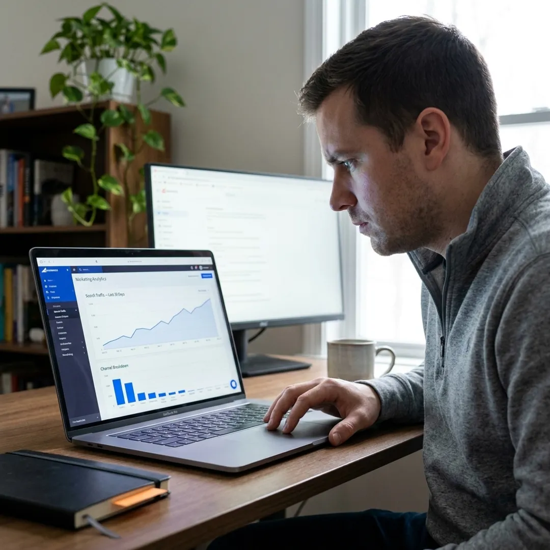 Startup owner reviewing SEO analytics dashboard