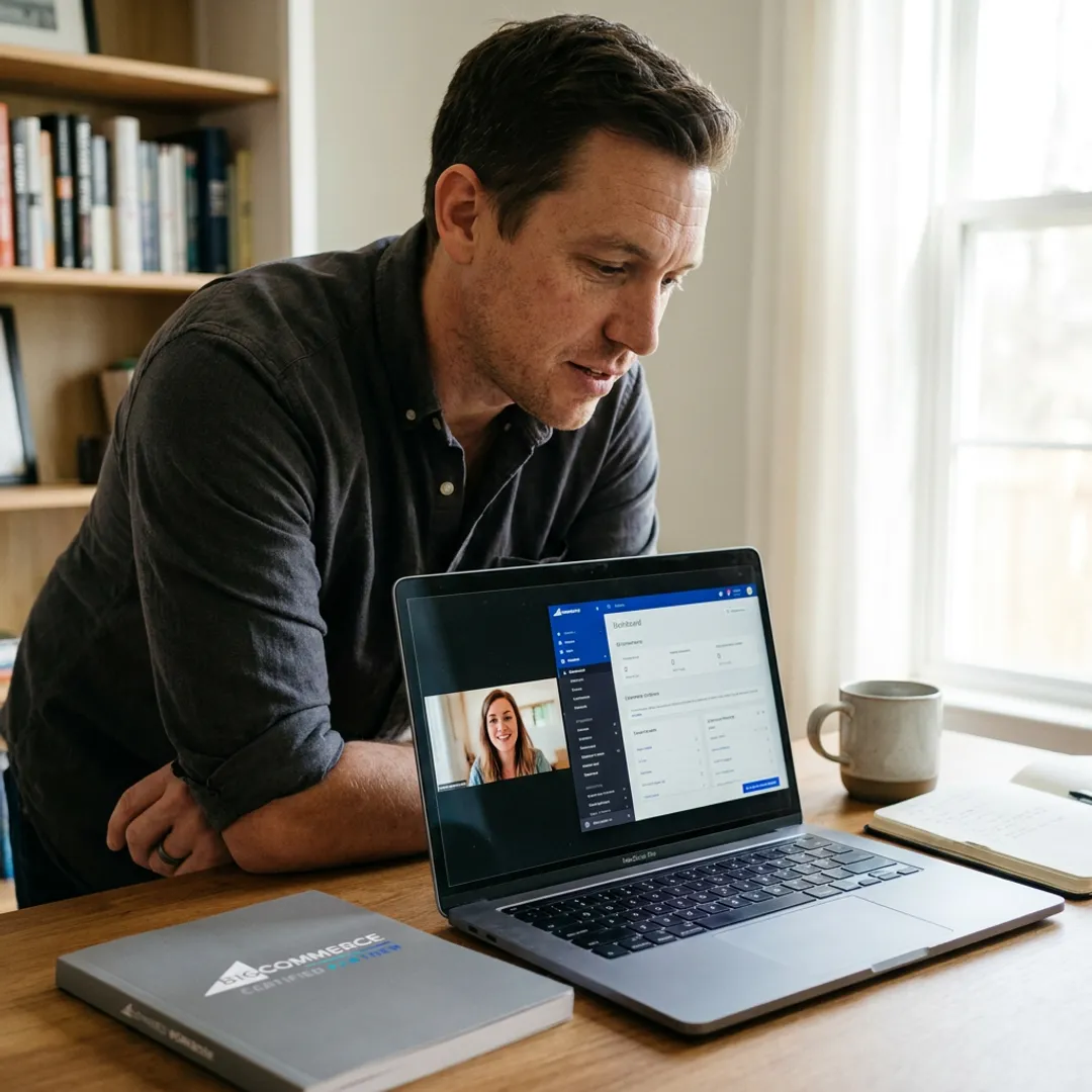 Entrepreneur receiving e-commerce coaching on laptop